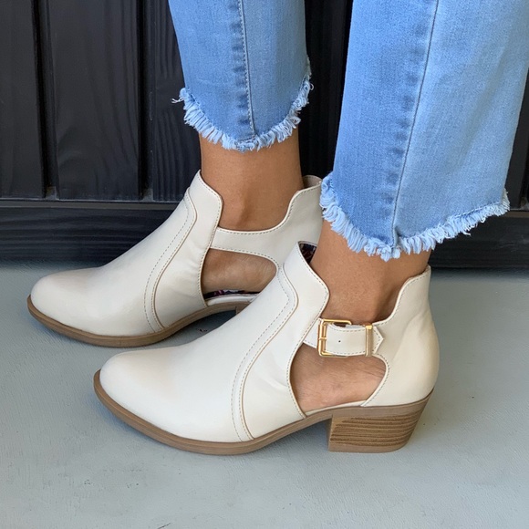 Beige Side Cut Out Buckle Booties - Picture 3 of 8
